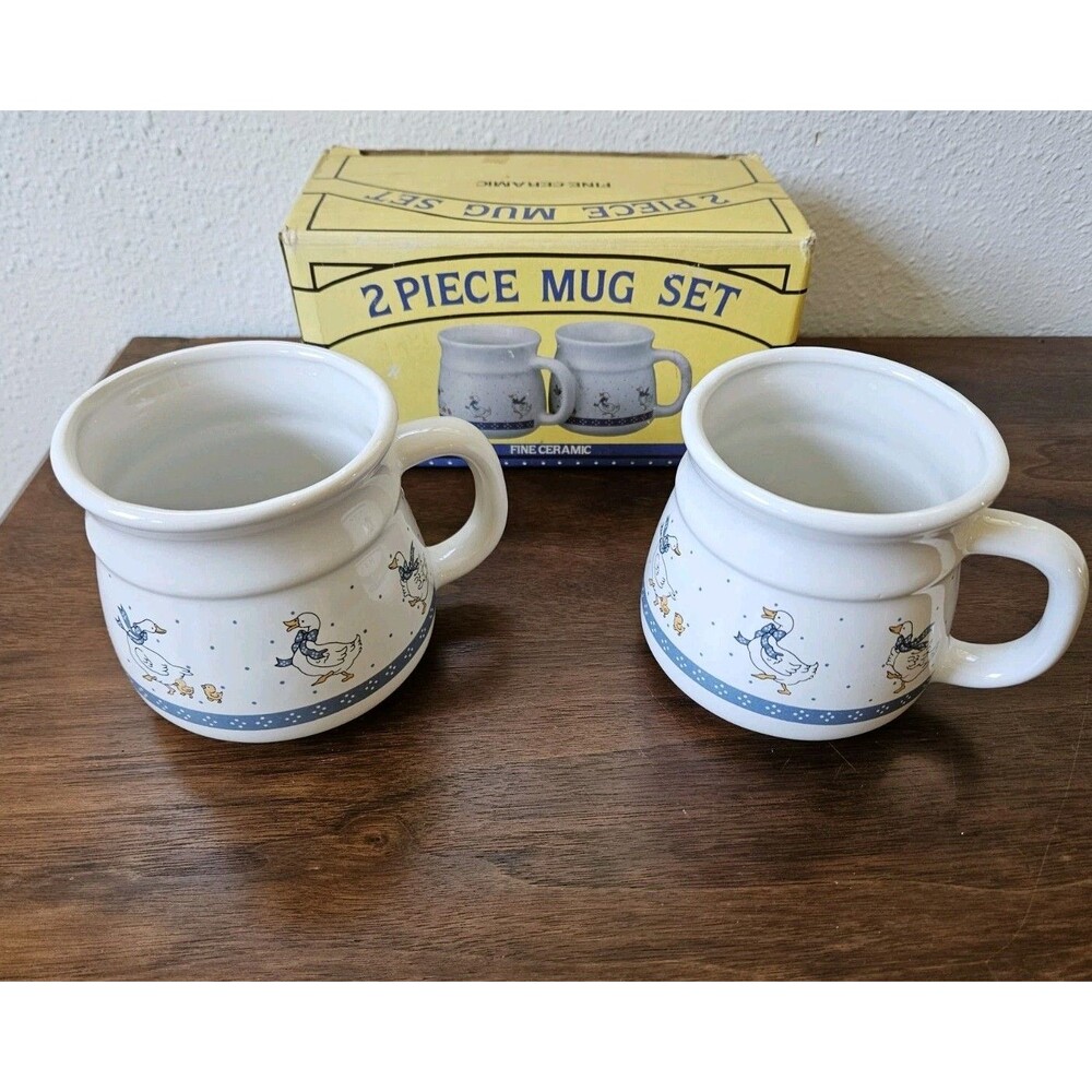 Vintage Blue Ribbon Goose Ceramic Coffee Mug Set of 2 with Original Box